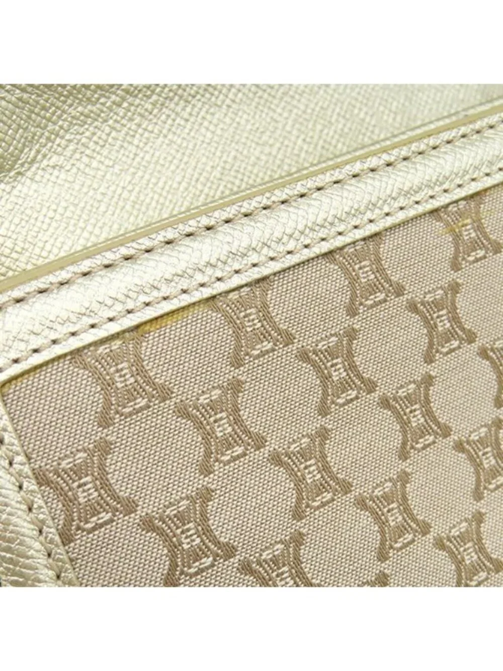 Celine Chain Wallet Macadam Canvas Leather Beige Gold Shoulder Bag